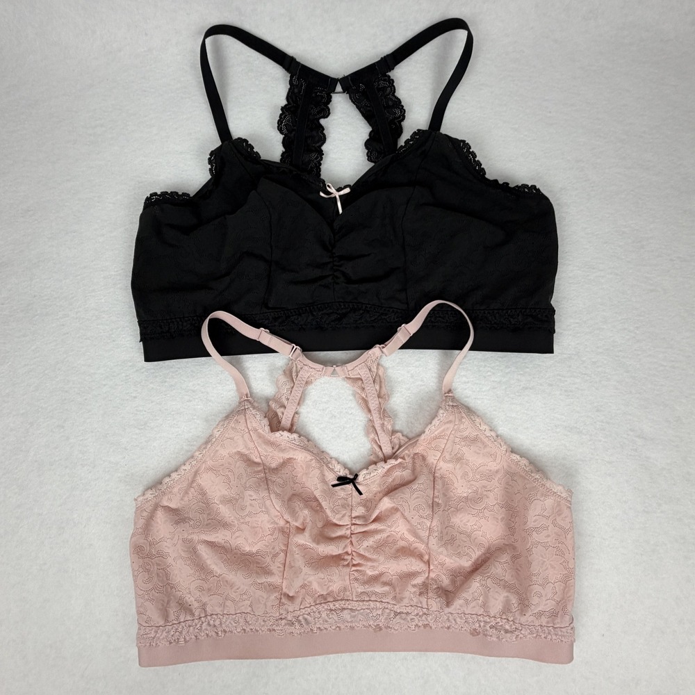 Cacique Lace Racerback Bralette Set 2 Pack Black Pink Plus Size 22/24 Floral Bow